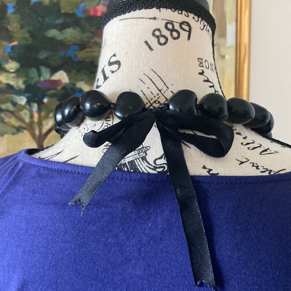 SOLD!!  Black Bead with Black Ribbon Statement Necklace